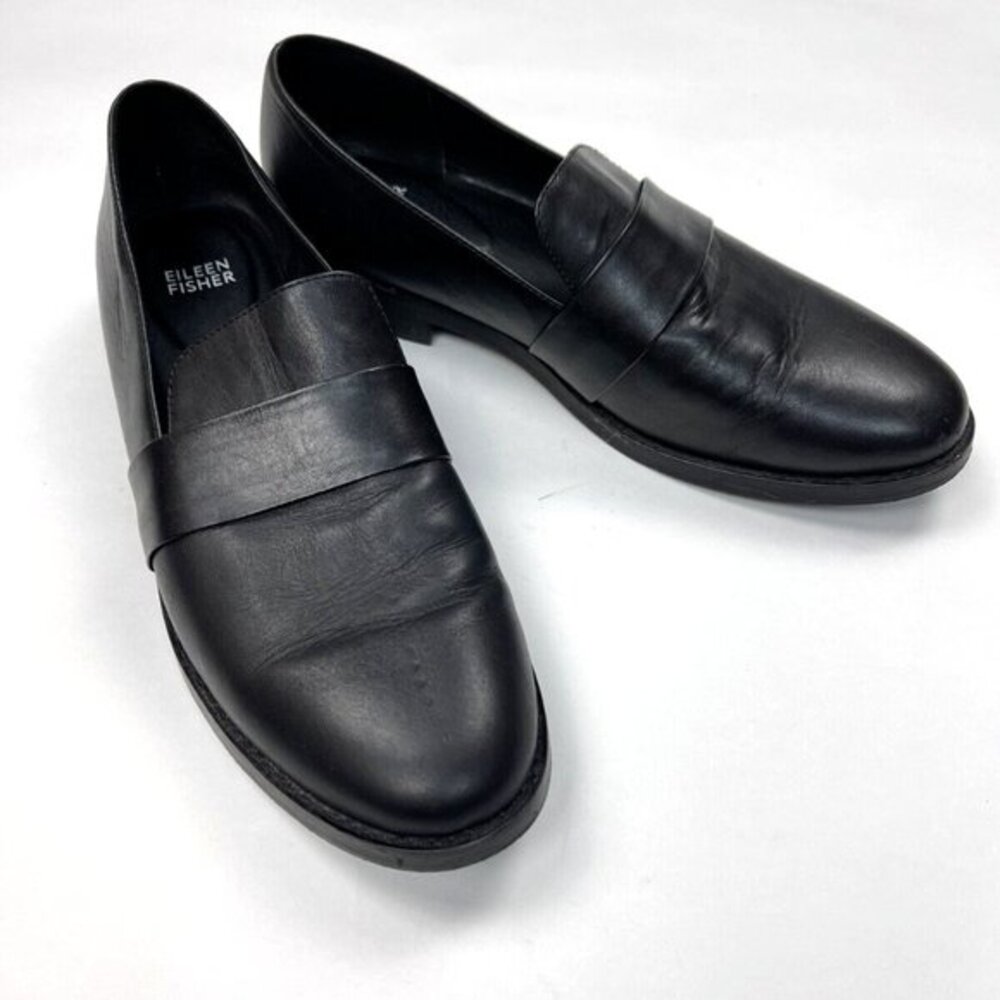 Eileen Fisher Hayes Smooth Leather Loafer Women 9 EUC Slip on 1'' Platform Black
